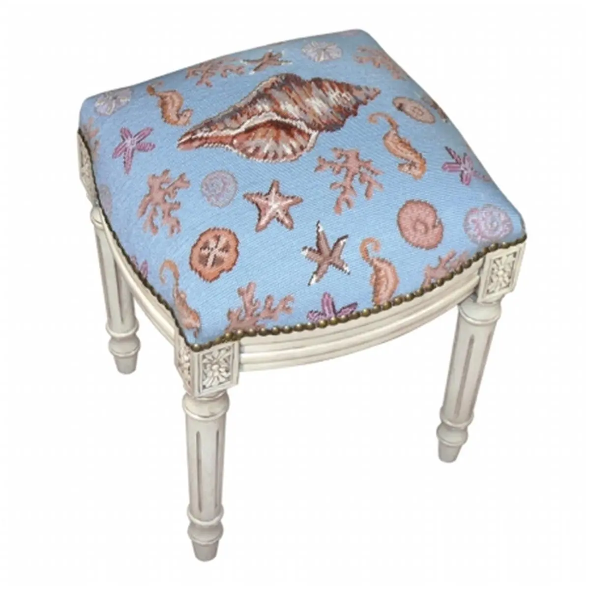 123 Creations Sea Shell Theme Needlepoint Stool - Single-Seat Indoor Furniture Chair, Conch Motif, Whitewash Frame, 100% Wool Cover, 15" W x 16" L x 19" H