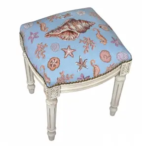 123 Creations Sea Shell Theme Needlepoint Stool - Single-Seat Indoor Furniture Chair, Conch Motif, Whitewash Frame, Wool Cover, 15x16x19"