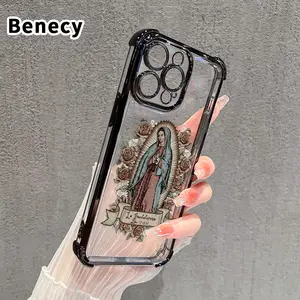 Benecy Virgin Mary Pattern Phone Case for iPhone 17 16 Pro Max 15 Air Plus 14 13 12 11 E Transparent Electroplated Four Corner Anti-Fall Soft TPU Protective Cover Gift for Women and Men - Protection Casing Cellphone