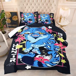 K-Pop Blue Tiger Anime Comforter Set, 1 Quilt + 1/2 Pillowcases, High Definition Print, Soft Breathable All Season Bedding, Cool Floral Monster Pattern, Bed Linen for Teens Boys Bedroom Dorm Apartment Decor
