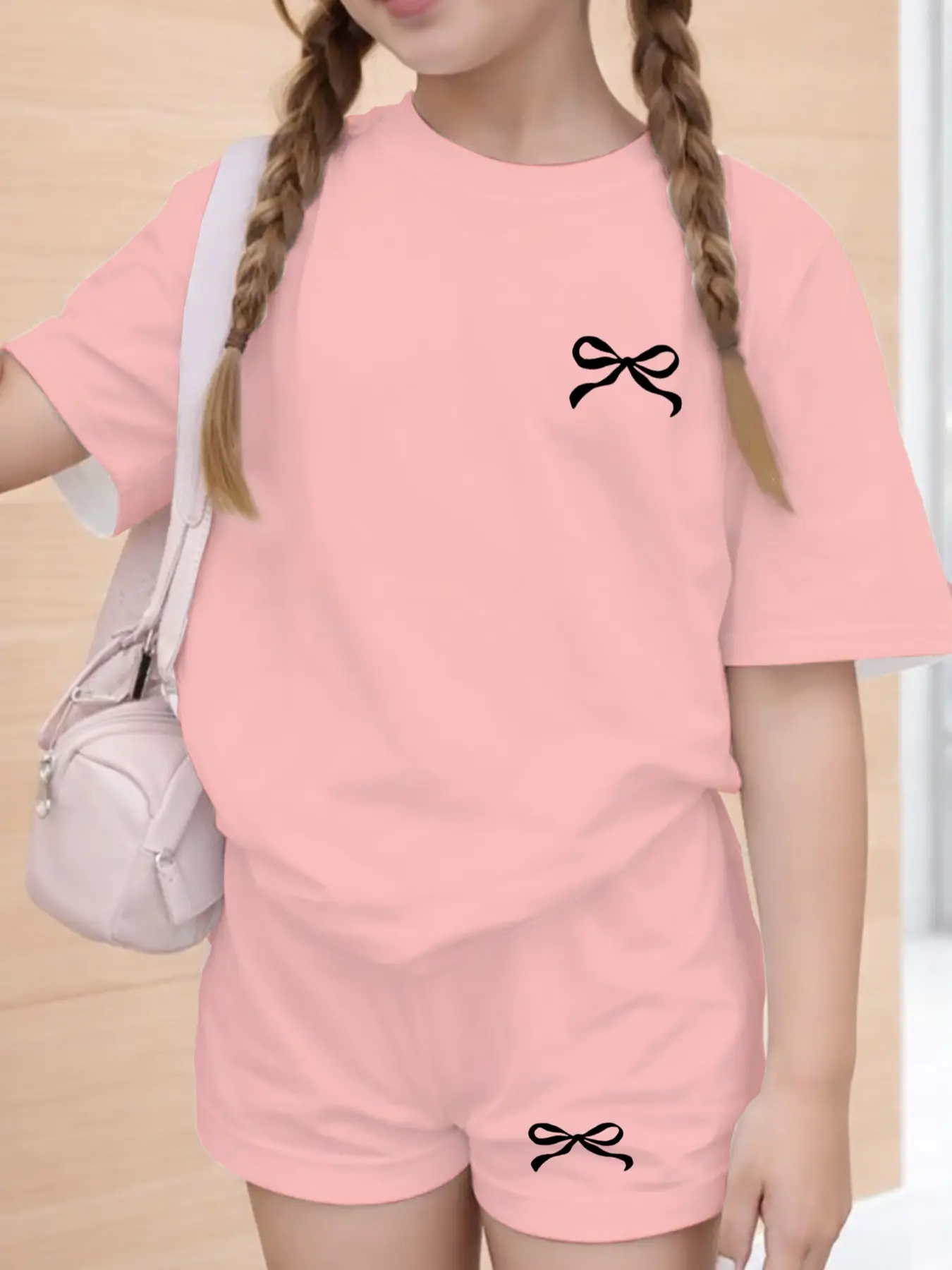 Teen Girls' Casual Summer Set, Bow Decor Short Sleeve Top & Shorts, All-Season Fitted Suit for Teens, Casual Outfit Set, Summer Clothes Set