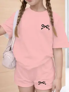 Teen Girls' Casual Summer Set, Bow Decor Short Sleeve Top & Shorts, All-Season Fitted Suit for Teens, Casual Outfit Set, Summer Clothes Set