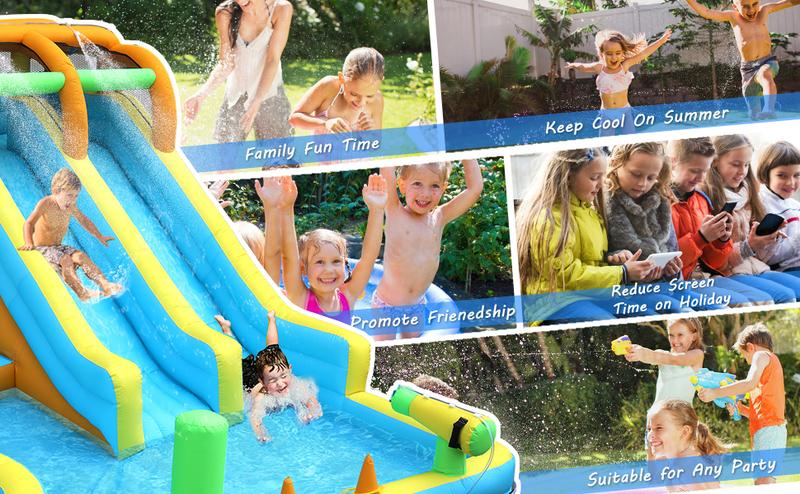 JOYMOR 11-in-1 Inflatable Water Slide for Kids Backyard w/ 2 Waterslide, 2 Basketball Hoop, Pool, Climbing Wall, Water Blasters, 1min Blow Up Water Slides Park w/ 750w Blower, Storage Bag