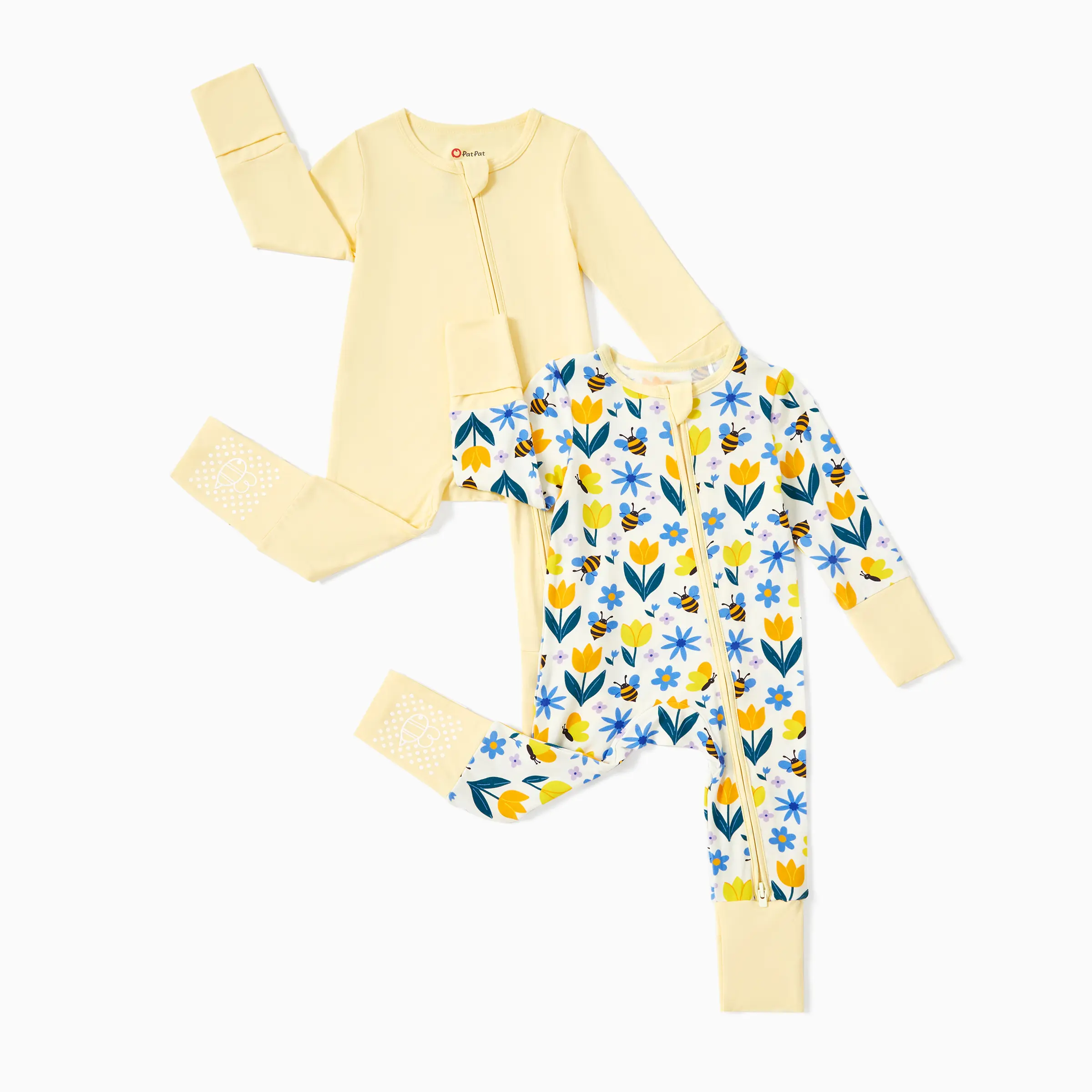 PatPat Bamboo Boys Girls Baby Zipper Romper Footies Pajamas, 0-24 Months, 2-Way Zipper, Fold-Over Mittens & Feet, Non-Slip Soles,Super Soft Fabric, Long/Short Sleeve，Autumn, Fall