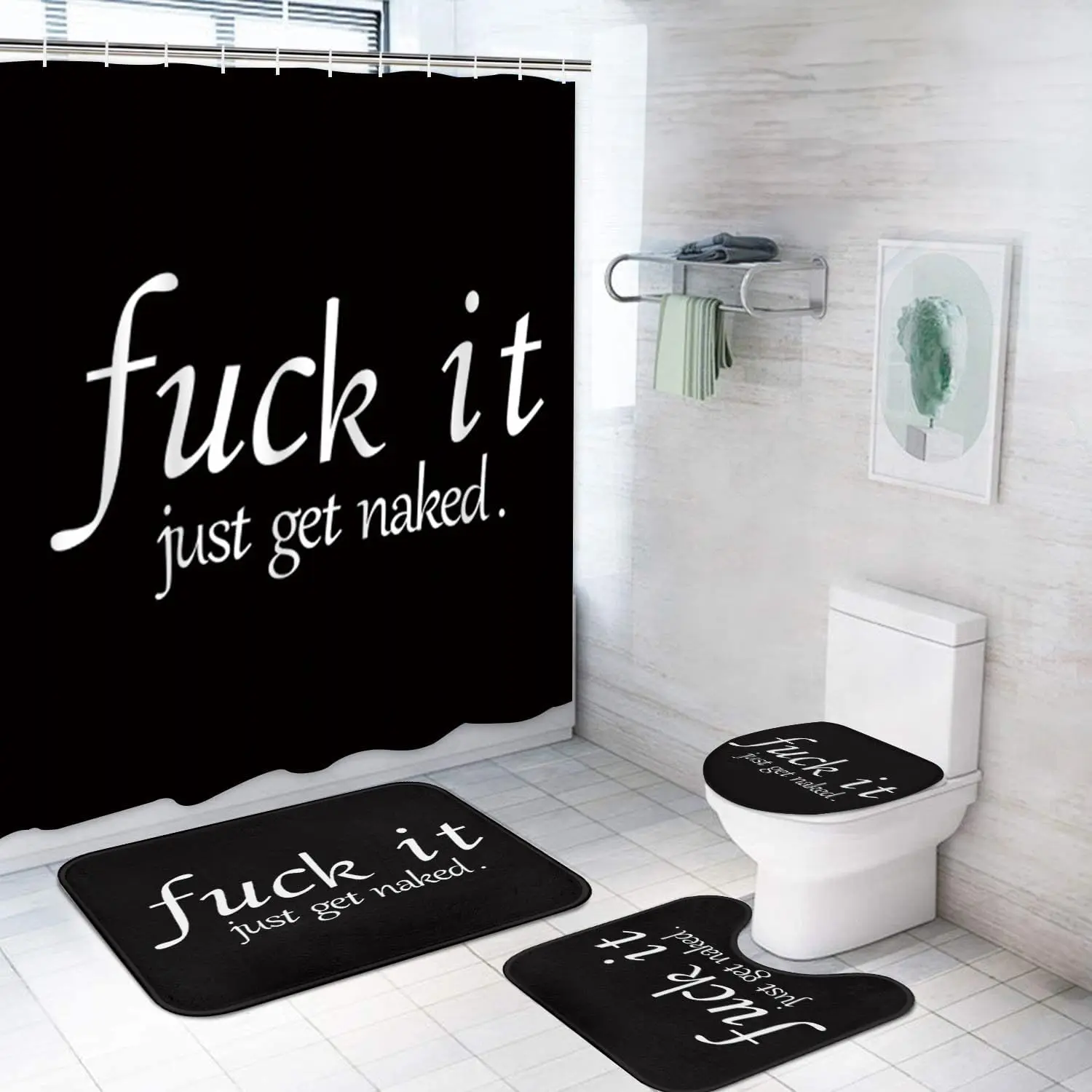 72x72 in Waterproof Washable Polyester Funny Shower Curtain 4PC Bathroom Decor Set - Washable Set with Non-Slip Rug, Toilet Lid Cover, Bath Mat, 12 Hooks, Resist Soaking, High Definition Digital Printing, Fade-Resistant, Plastic, Bathroom Decor Ideas