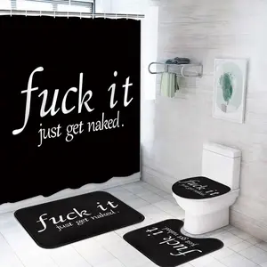 4PC Funny Get Naked Shower Curtain Sets Bathroom Decor with Rugs, Non-Slip Rug,Toilet Lid Cover, Bath Mat and 12 Hooks 72x72 inches