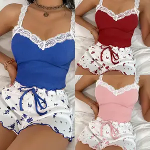 Women Pajama Set Pink Lace Patchwork V-Neck Sleepwear Sexy Nighties Suit Cami Top Printed Shorts Soft Pyjamas Loungewear  Summer Cute Heart Print Pajama Set for Women Sleepwear Loungewear Crew Neck Crop Cami Top & Elastic Shorts