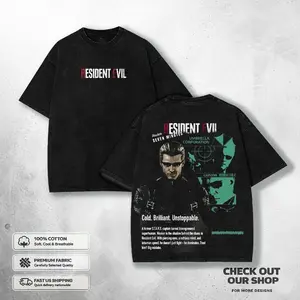 Resident Evil "Seven Minutes" Re5 Albert Wesker Washed Tee, Vintage Survival Horror Video Game Graphic T-shirt, Heavyweight Cotton Loose-Fit Men's Streetwear Gamer Summer Tops - Fabric