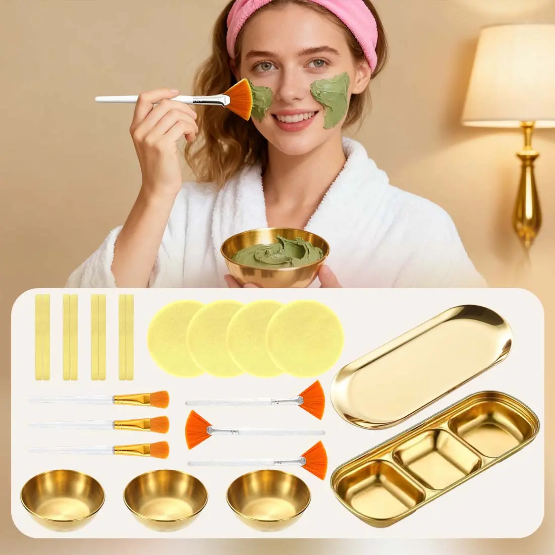 23PCS Esthetician Supplies 3 Stainless Steel Golden Mixing Bowls 1 Golden Small Serving Tray 3 Compartment Serving Tray 3 Facial Fan Brushes 3 Face Mask Applicator Brush 12 Facial Sponge Compressed Round
