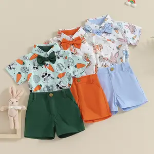 Toddler Baby Boy Easter Outfit Carrot Rabbit Print Bowtie Short Sleeve Shirts Tops and Shorts 2Pcs Summer Clothes Set