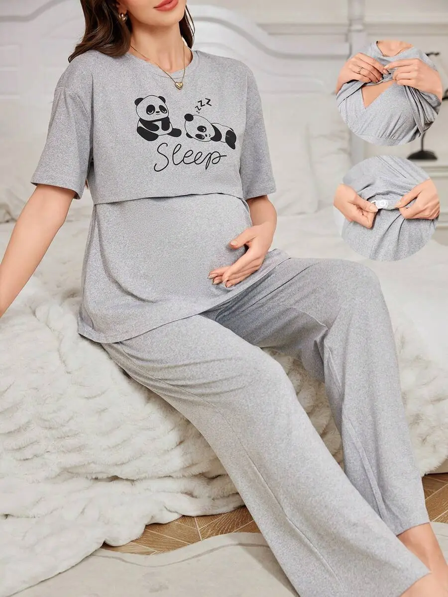 Cute Panda Print Nursing Short Sleeve Pants Maternity Pajamas Set