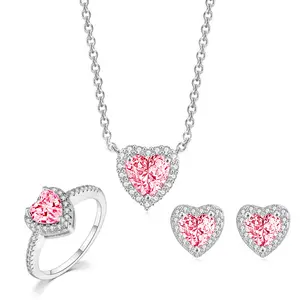 Luxury Heart Zircon Jewelry Set for Women | S925 Sterling Silver 3-Piece Ring Pendant Earrings | Candy Color Gemstone Romantic Gift for Mother’s Day Valentine’s Day Anniversary