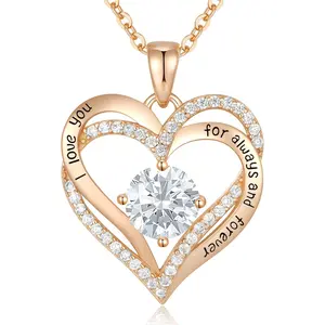Women's Heart Shaped Birthstone Necklace - 925 Sterling Figaro Chain, Gold-Plated, Engraved Message, Sparkling Stone Elegant Jewelry for Special Occasions