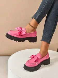 Women's Fall New Style Loafers, Large Size French-English Bow Round Toe Thick Sole Retro Leather Shoes, One-Piece Slip-On Design, Bowknot Design Loafers
