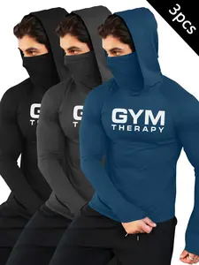 Men's Tactical Style Hooded Compression Tops, "GYM THERAPY" Print Workout Shirts, Streetwear Fitness Tops for Work, Outings #springsaledeals2026 #summeroutfits #fyp #menstreetwear