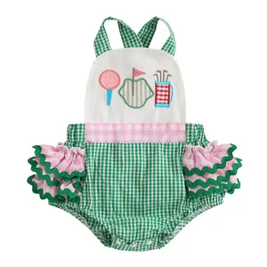 Newborn Baby Girl Golf Outfit Sleeveless Golf Romper Hole in One Golf Ruffle Overalls Plaid Onesie Bodysuit Summer Clothes #Springtok