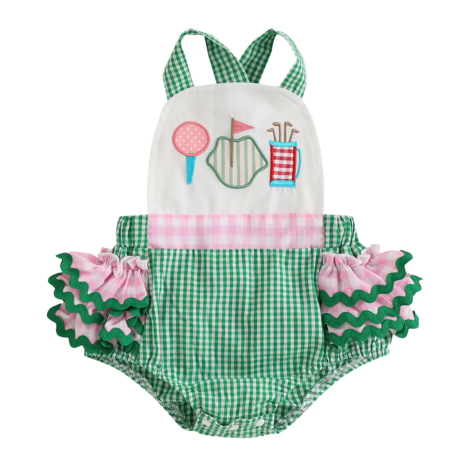 Newborn Baby Girl Golf Outfit Sleeveless Golf Romper Hole in One Golf Ruffle Overalls Plaid Onesie Bodysuit Summer Clothes #Springtok