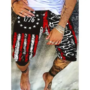 Patriotic American Flag Print Shorts, 100% Polyester, Casual Style, Non-Stretch Woven Fabric, Regular Fit with Drawstring, 120g/m², European and American Beach Fashion, Fold-Free, Skin-Friendly Texture, Summer Cool Wear, 2024 Trendy Design