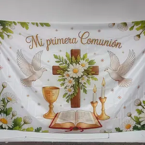 First Communion Background Banner, Floral Dove Cross Design, Ideal for Church Decoration & Photo Prop, Perfect for Anniversaries, Wall Decor Banner, Party Decorations Banners