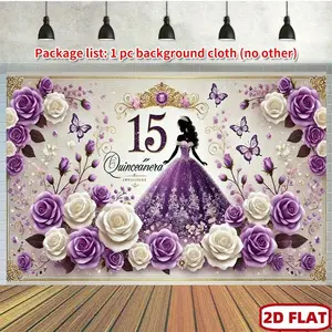 1pc 2D Flat 15th Birthday Quinceañera Princess Backdrop with Number 15 Centerpiece Elegant Purple & Golden Floral Design with Roses & Butterflies 100% Polyester Fabric Banner for Girls Sweet Flower White