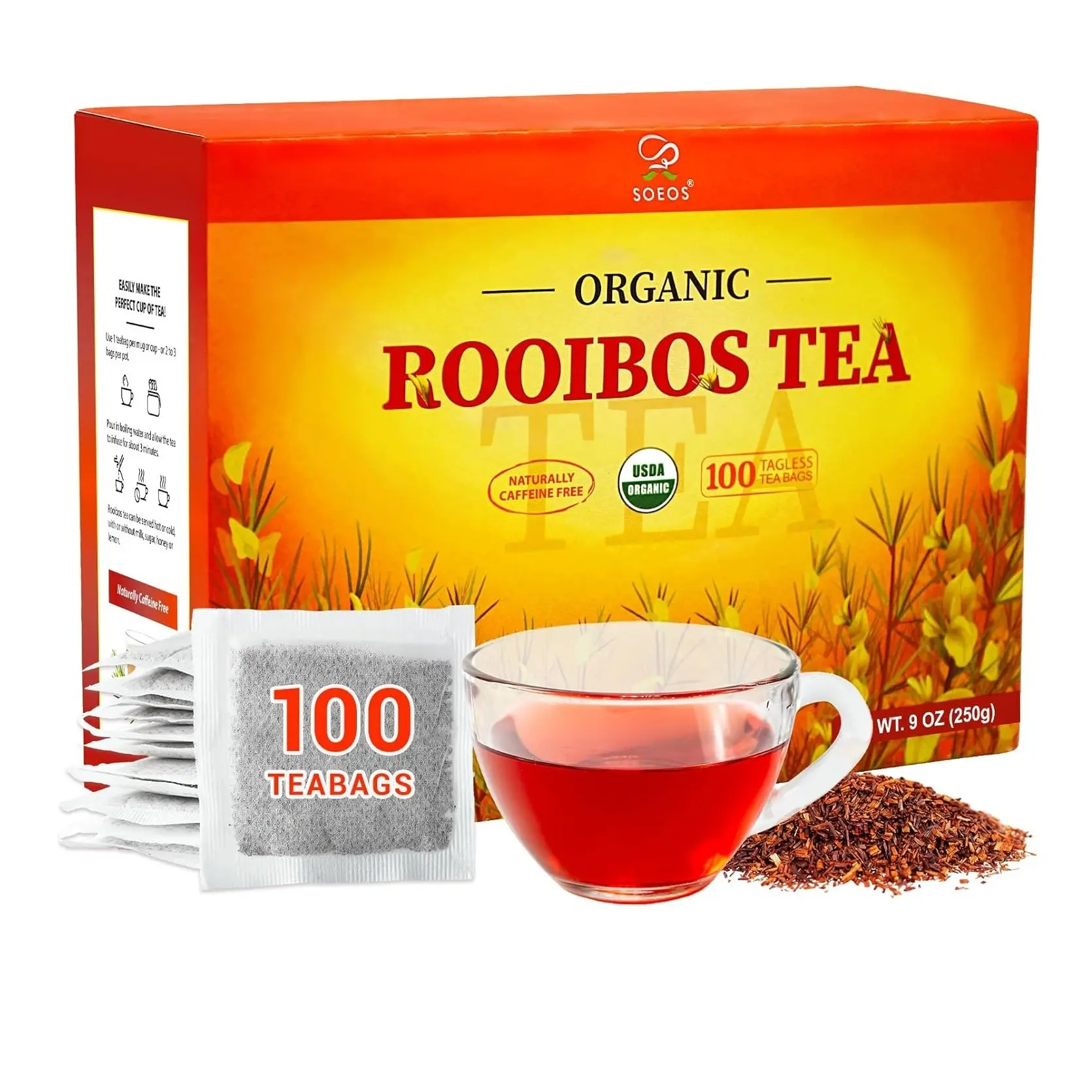 Soeos Organic Rooibos Tea, 100 Teabags, Naturally Caffeine Free, USDA and Non GMO Certify, Smooth and Robust Flavor, Excellent for Hot or Iced Brew, 9oz (250g)