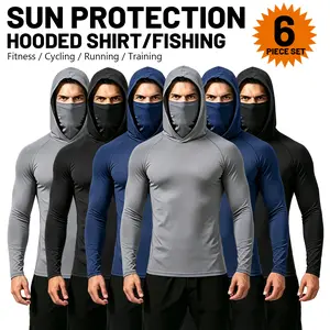 6 Pack Men UPF Sun Protection Compression Hooded Shirts, Quick Dry Breathable Long Sleeve Athletic Tops with Attached Face Mask, Lightweight Cooling Performance Activewear for Fishing Construction Outdoor Work