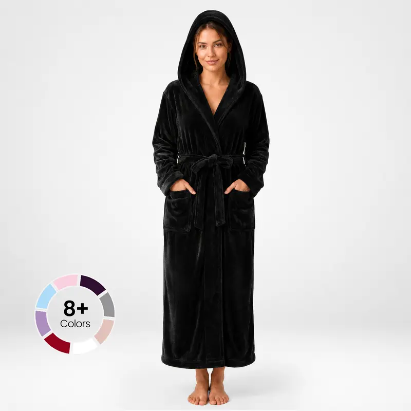 NY Threads Women's Hooded Fleece Bath Robe - Classic Fleece Bathrobes & Dressing Gowns, Hooded Loungewear for Sleep, Lounging & After Shower, Soft Warm Robe for Women with Adjustable Waist Belt, 2 Front Pockets, All Seasons