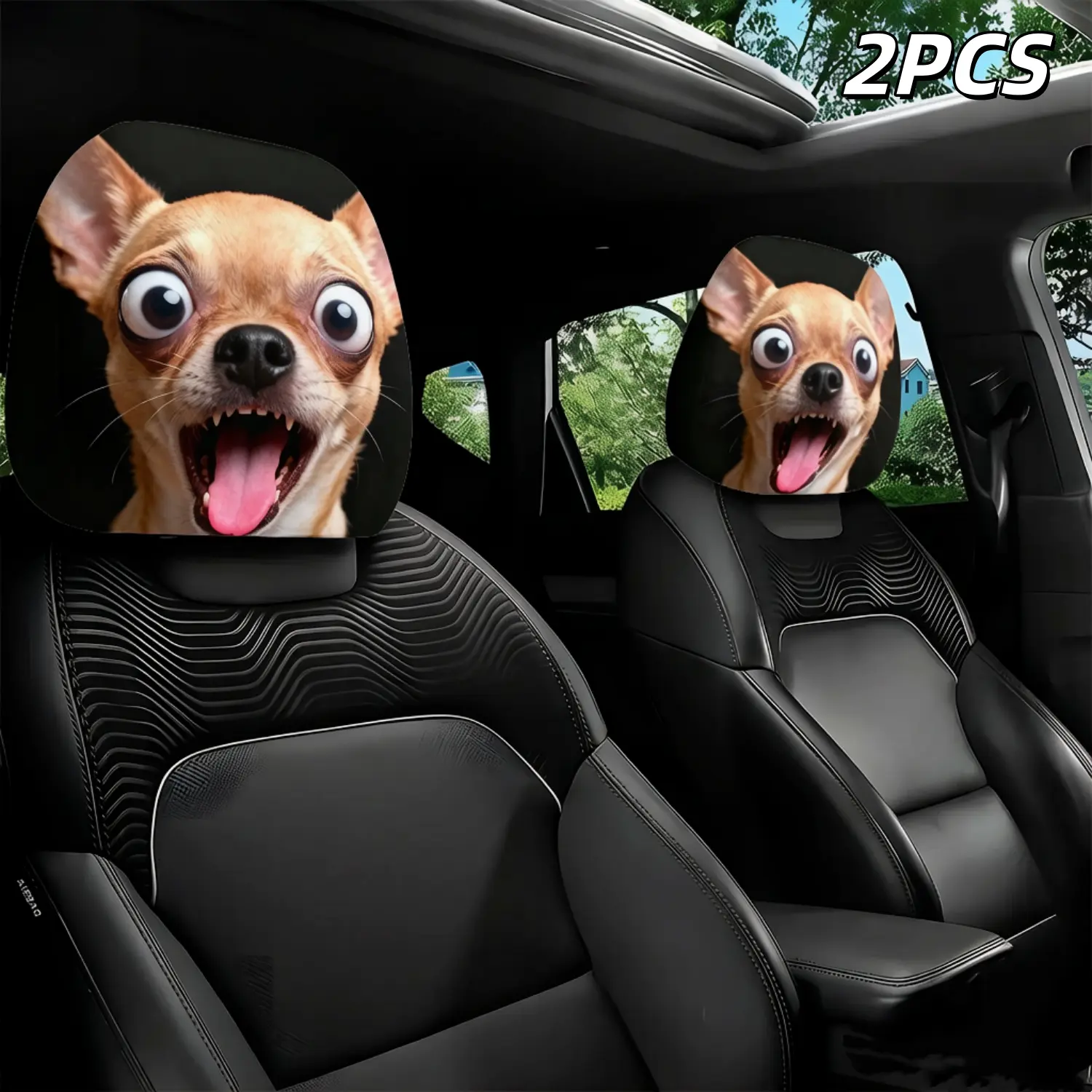 2Pcs Funny Dog Pattern Car Headrest Covers - Big-Eyed Sharp-Teeth Interior Ornaments, Vehicle Decoration, Fun Accessories, Humoristic Universal Fit for Most Vehicles, Machine Washable, Easy to Install, Car Interior Ornaments, Fun Car Accessories homedecor