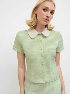 Cider Peter Pan Collar Gingham Short Sleeve Top