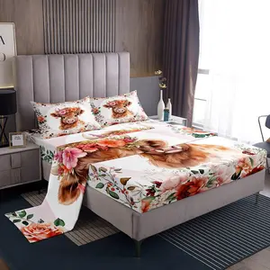 Cute Highland Cow Sheet Set,Cartoon Animal Sheets with Deep Pocket Fitted Sheet,Flower Floral Print Bed Sheets Set,Farm Zoo Theme Luxury Bedding Set