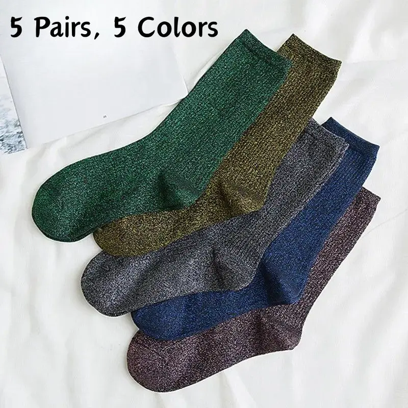 5 Pairs Mix Pack Women's Mid-Calf Lurex Socks, Spring Autumn Trendy Shiny Slouch Long Socks, Breathable Sweat-Absorbent Fashion Lady Socks