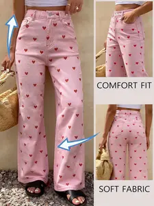 Women's Heart Print Jeans, Wide Leg Long Pants, Mid-Waist Loose Fit, Casual Fashion, Zipper Fly, Natural Waist, Unlined