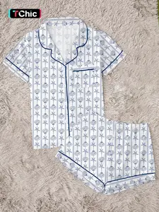 Women's Summer Nautical Shell & Starfish Print Pajama Set, Short Sleeve Button Down 2-Piece Loungewear, Cute Blue Ocean Themed Sleepwear，2-Piece Short Sleeve Sleepwear for Beach Lovers，Perfect for Summer Nights & Beach Vacation
