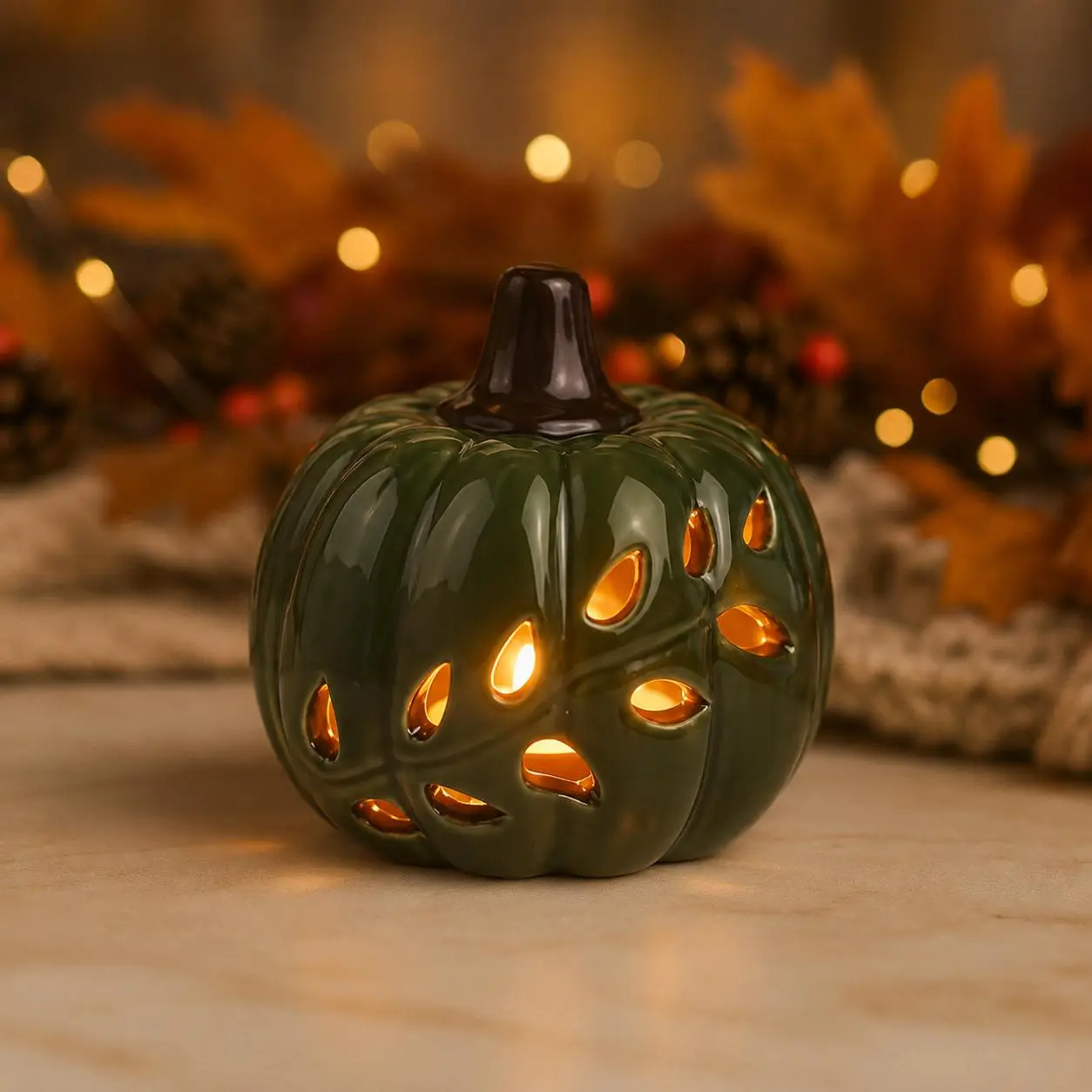 LED Ceramic Pumpkin | Green Pumpkin Decor | Fall Table Decor | Halloween Decoration | Thanksgiving