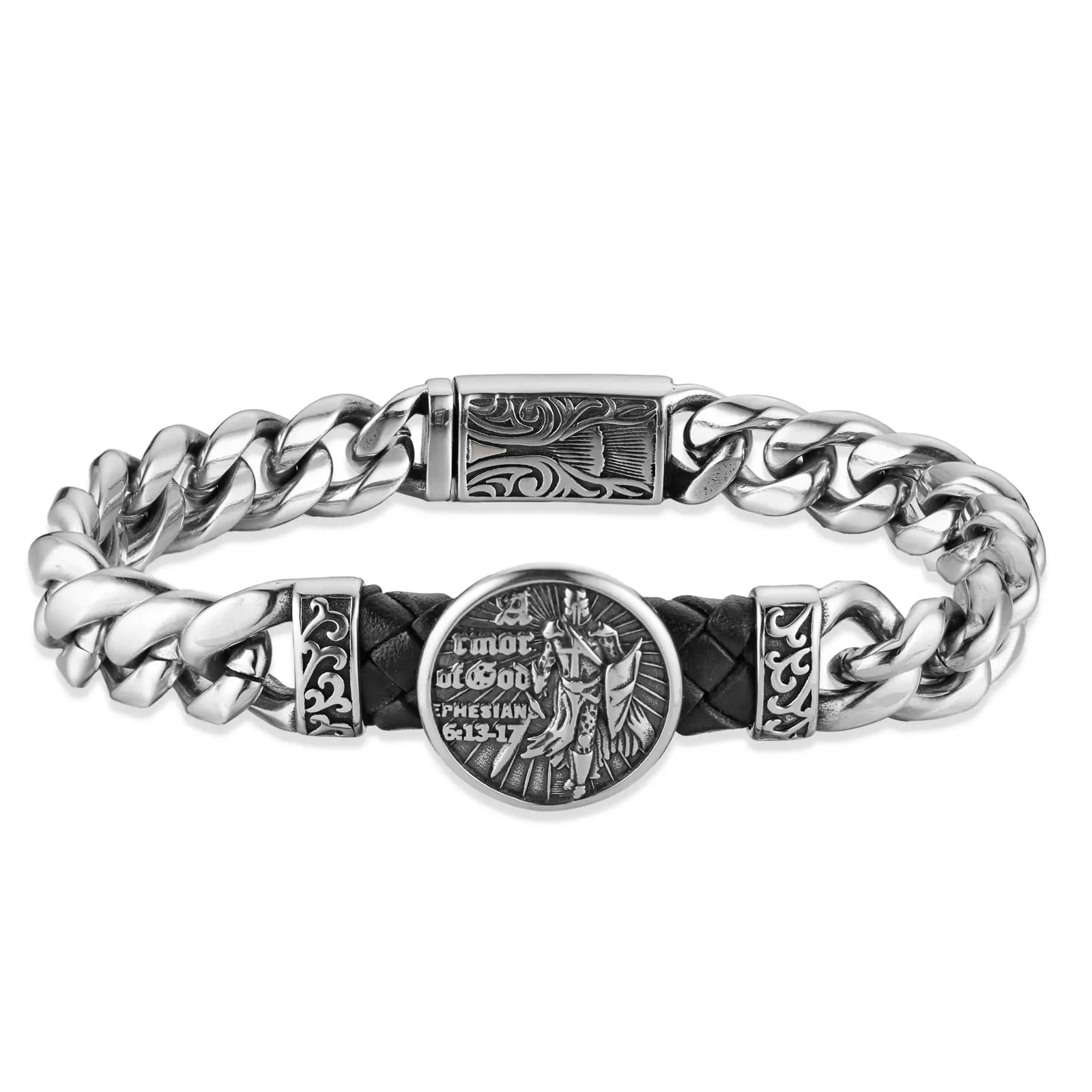 HZMAN Knight Templar Red Cross Bracelet Put On The Whole Armor of God Eph 6:13-17 Stainless Steel Cuban Chain Link Bracelet Commemorative Gift