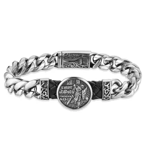 HZMAN Knight Templar Red Cross Bracelet Put On The Whole Armor of God Eph 6:13-17 Stainless Steel Cuban Chain Link Bracelet Commemorative Gift