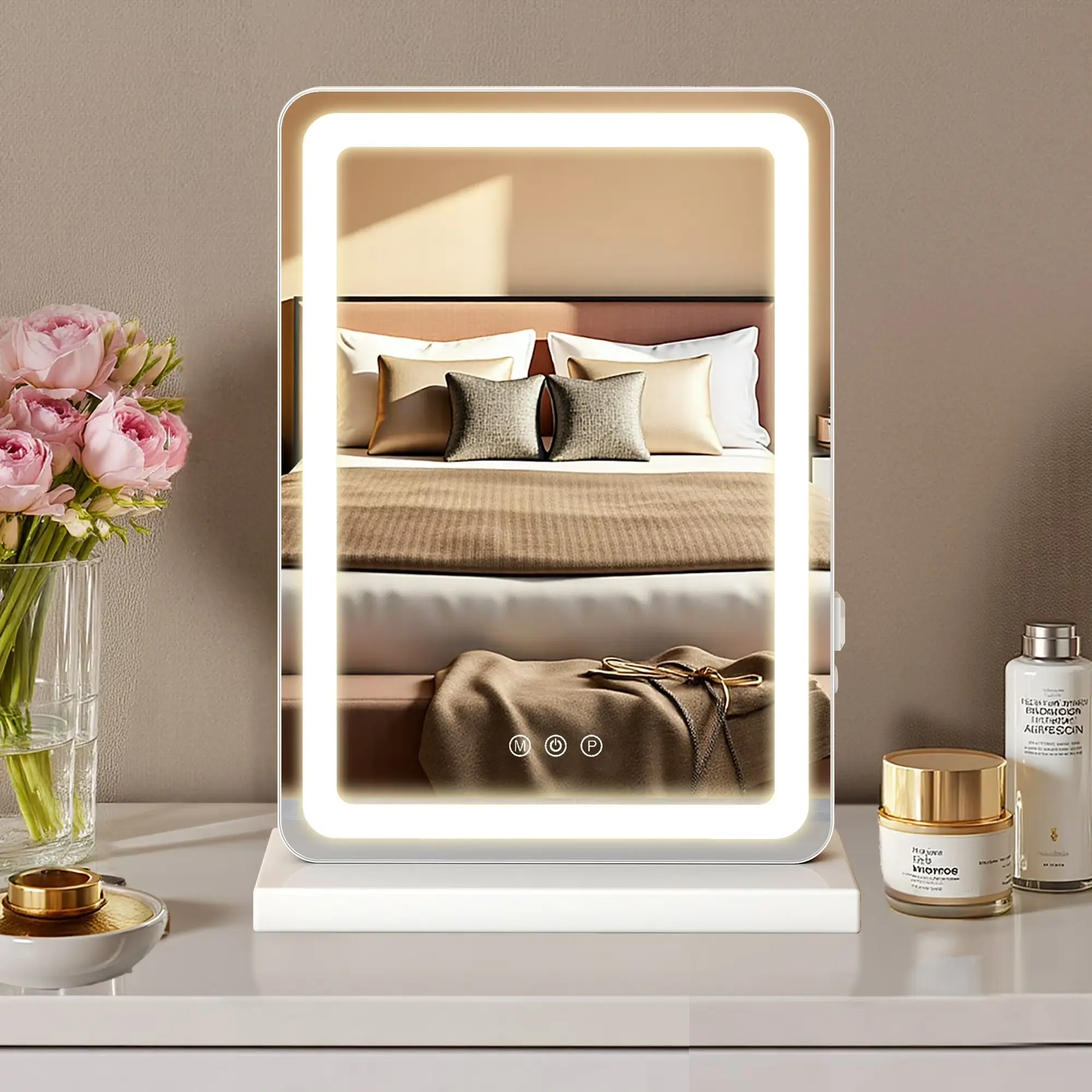 Makeup mirror, 17" x 19", square white tabletop makeup mirror