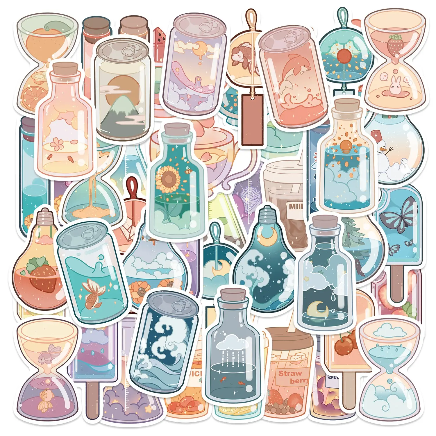 50pcs Pastel Bottle Landscape Stickers Pack, Waterproof Kawaii Aesthetic Decals for Laptop, Water Bottle, Journal, Cute Scrapbooking & Scrapbook, Cozy Gift, Sticker Sheets