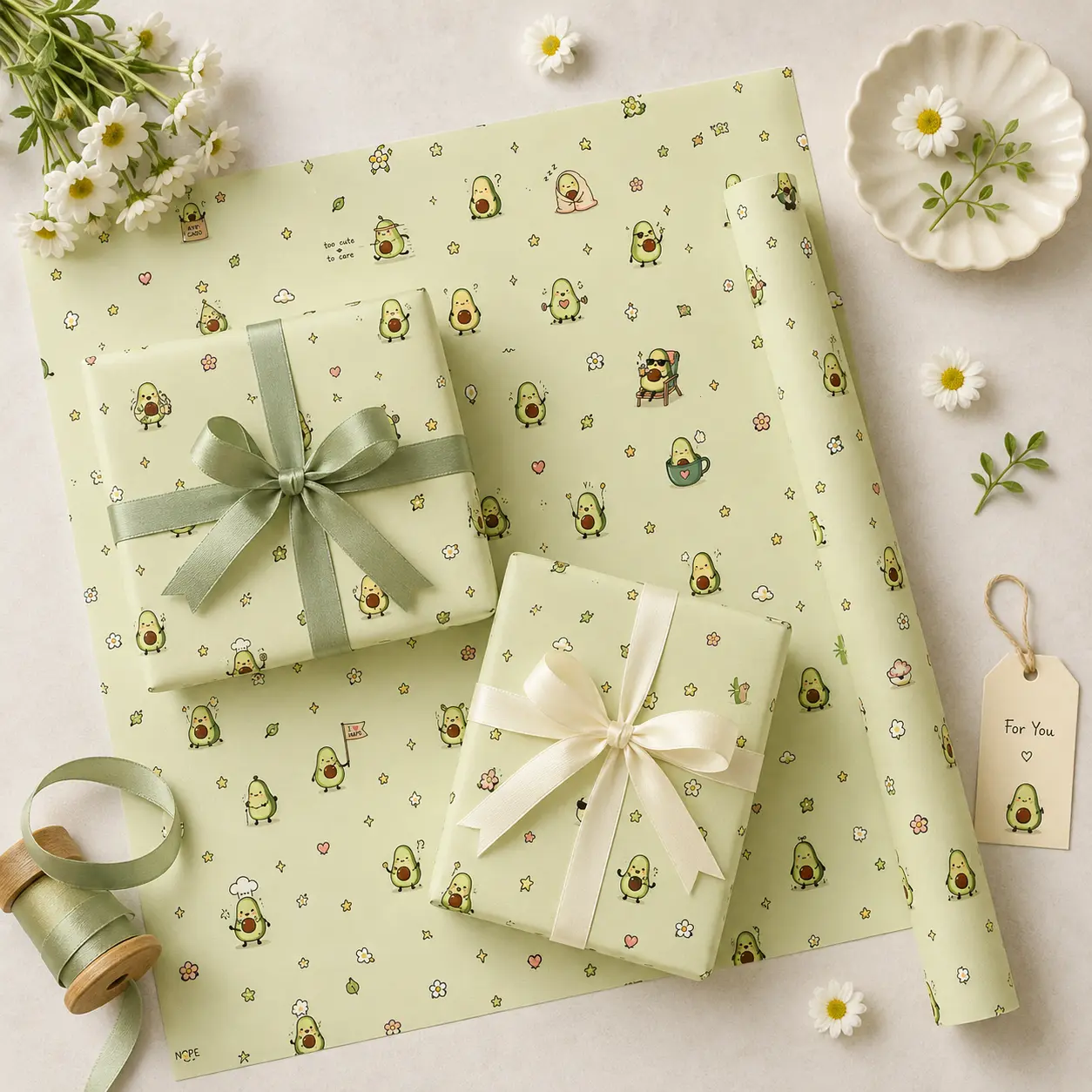 Cute Avocado Doodle Gift Wrapping Paper Sheet - Funny Light Green Character Wrap for Birthday Kids Craft Decor