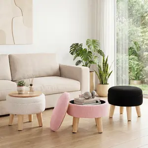 Round Storage Ottoman Stool Teddy Velvet Padded Seat Footstool with Hidden Storage Wood Legs for Living Room Bedroom