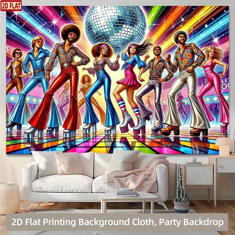 2D Flat, 1pc Vibrant Disco Party Backdrop Banners - Retro 70s & 80s Theme with Disco Ball, Colorful Polyester Wall Hanging for Living Room, Bedroom, Office Decor, Party Decoration Supplies