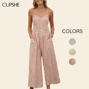 CUPSHE Women's Striped V-Neck Sleeveless Stylish Jumpsuit - Wide Leg Sleeveless Strap Overalls, Vertical Stripes Pattern Overalls, Coastal Grandma Beach Cover Up & Casual Wear