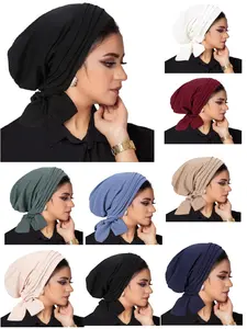 Women's Fashion Hat Pure Color Ribbed Design Four Stripes Long Tail Scarf Cap Chemotherapy Hat Two Grooves Long Tail Hat Turban Hijab