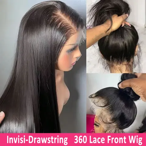 Invisi Strap 360 Full Lace Frontal Wigs 30 34 Inch Straight Lace Front Wigs Human Hair Natural Hairline Can Do Ponytail 360 Full HD Lace Wigs Invisible Drawstring Smooth Human Hair Wigs 180 Density Human Hair for Black Women