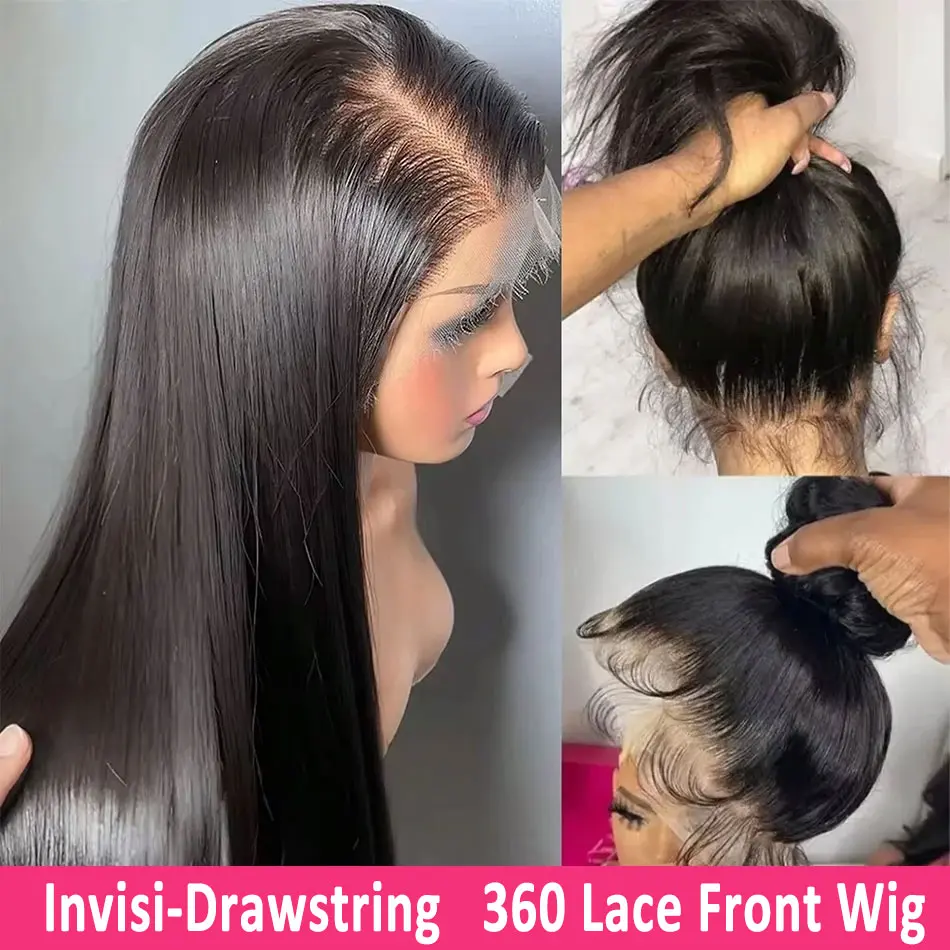 180 Density Invisi Strap 360 Full Lace Frontal Wig Invisible Drawstring Lace Wig 14 34 Inch Straight Lace Front Wig Human Hair Natural Hairline Can Do Ponytail SummerVibes