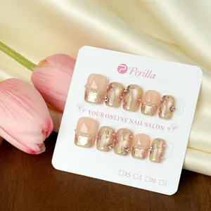 Perilla C1-C20 Handmade Reusable Press On False Nails Coffin Almond Square Hand Drawn Stick on Nails Bling Rhinestone Decoration