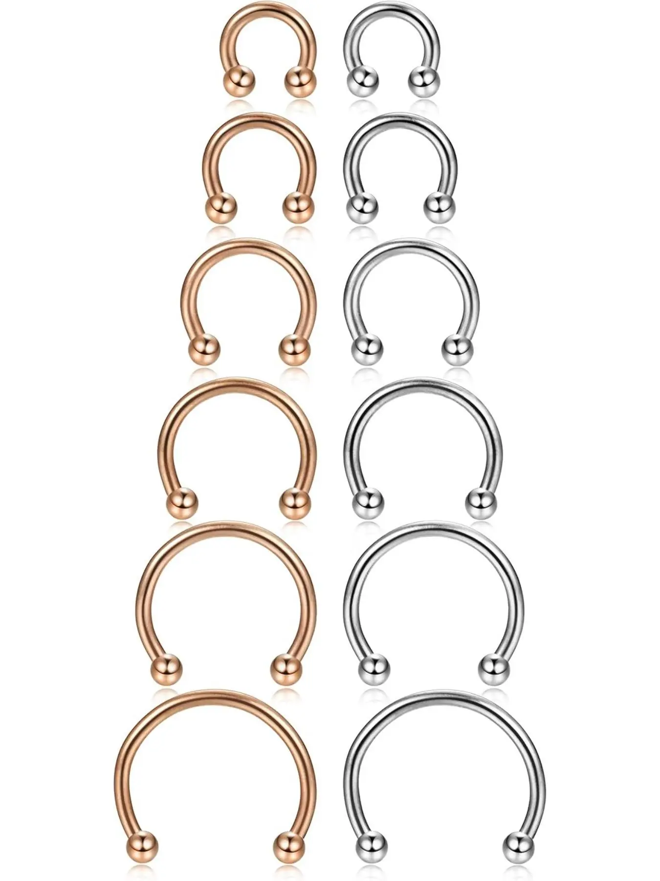 12pcs 14-16g Stainless Steel Nose Rings Hoops, Septum Piercing Cartilage Horseshoe Earrings, Body Piercing Jewelry, 6mm-16mm Sizes