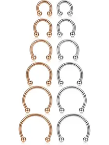 12pcs 14-16g Stainless Steel Nose Rings Set, Septum Piercing Cartilage Horseshoe Earrings, Body Piercing Jewelry, 6mm-16mm Sizes, Nose Rings Hoops
