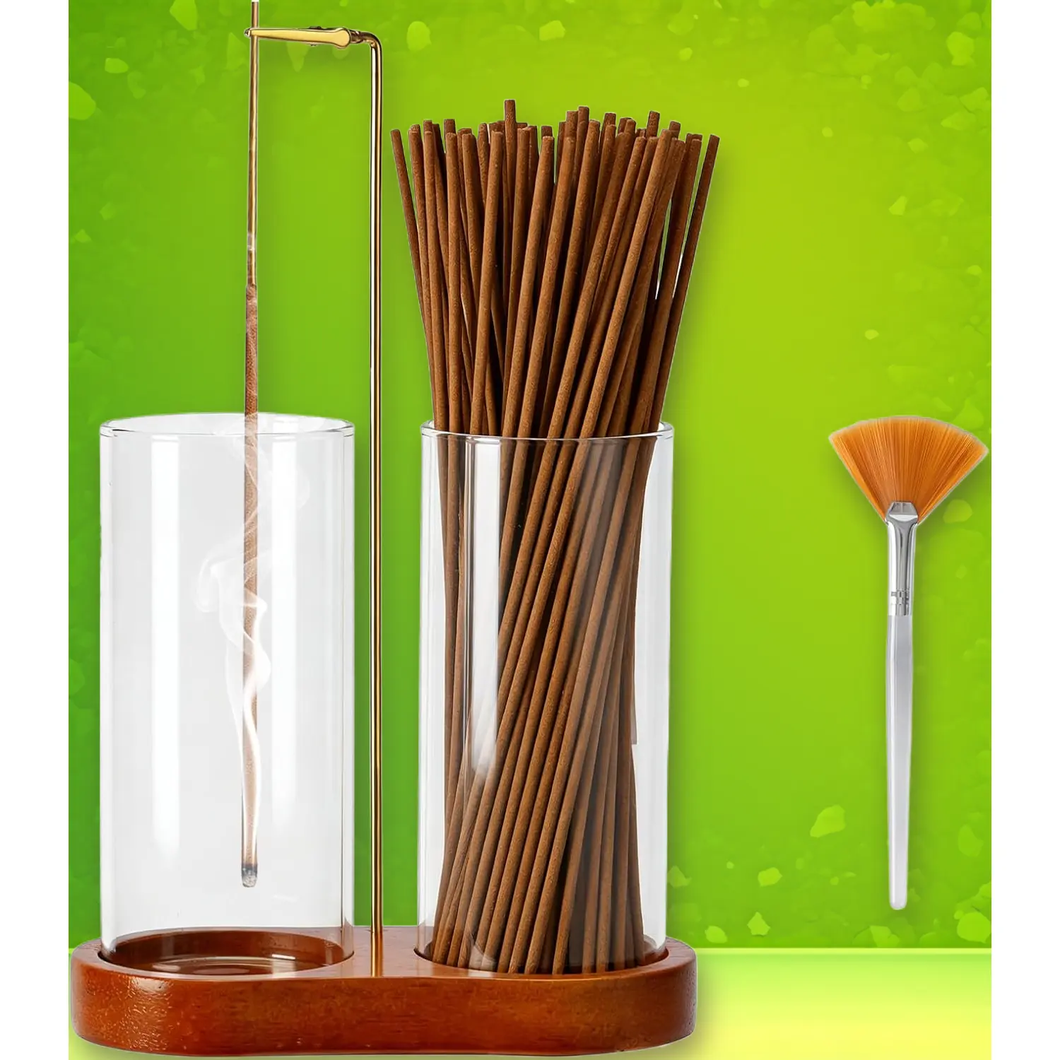 Modern Wooden Incense Holder with 2 High Glass Bottles, Decorative Desktop Stick Burner and Ash Catcher for Home Fragrance Decor, Woody, Ash Container
