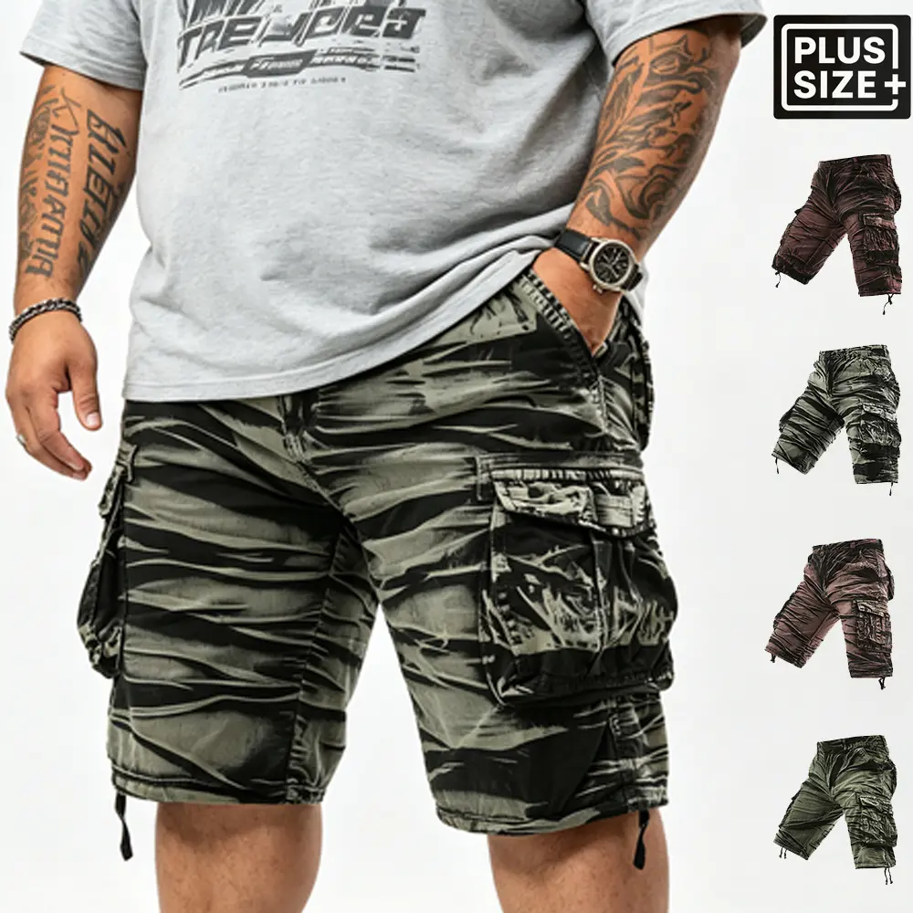 Men's Plus-Size Washed Pure Cotton Cargo Shorts - Casual Sports, High Capacity, Vintage Camouflage, Multi-Pockets, Breathable, Mid-Thigh Length, Fitted Cut, Ideal for Summer Commuting & Outdoor Wear